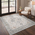 GENIMO 5x5 Area Rugs for Living Room, Machine Washable Rug, Non Slip Indoor Vintage Rug, Low Pile Lightweight Chenille Print Carpet for Bedroom Dining Room Home Office, Light Taupe Brown