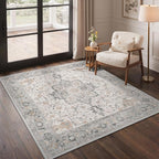 GENIMO 5x5 Area Rugs for Living Room, Machine Washable Rug, Non Slip Indoor Vintage Rug, Low Pile Lightweight Chenille Print Carpet for Bedroom Dining Room Home Office, Light Taupe Brown