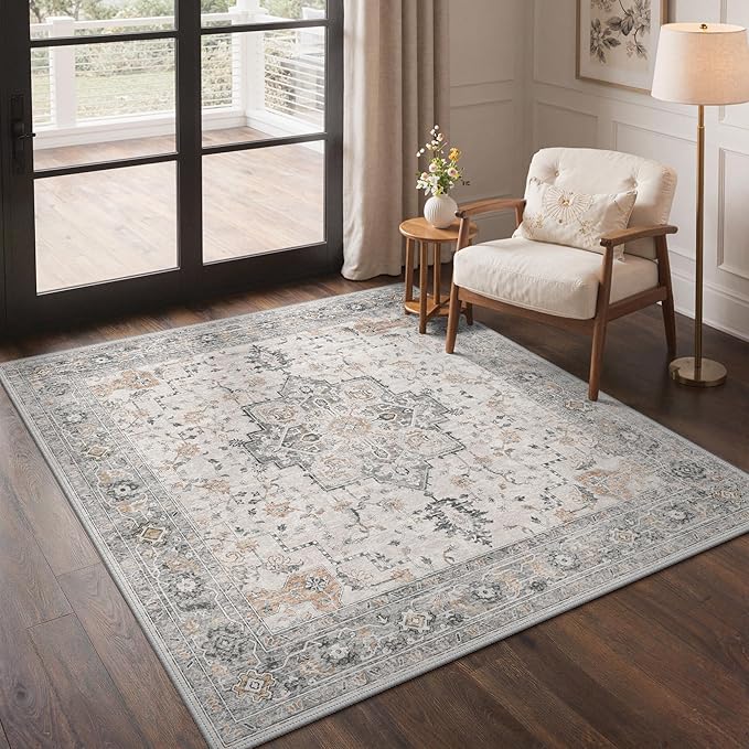 GENIMO 8x8 Area Rugs for Living Room, Machine Washable Rug, Non Slip Indoor Vintage Rug, Low Pile Lightweight Chenille Print Carpet for Bedroom Dining Room Home Office, Light Taupe Brown
