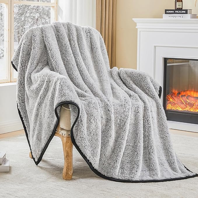 EMME Soft Sherpa Fleece Blanket Reversible Plush Fluffy Large Blanket, Light Weight Warm Decorative Boho Blanket Cover for Sofa, Couch, Bedroom,Travel(Black,90"x90")