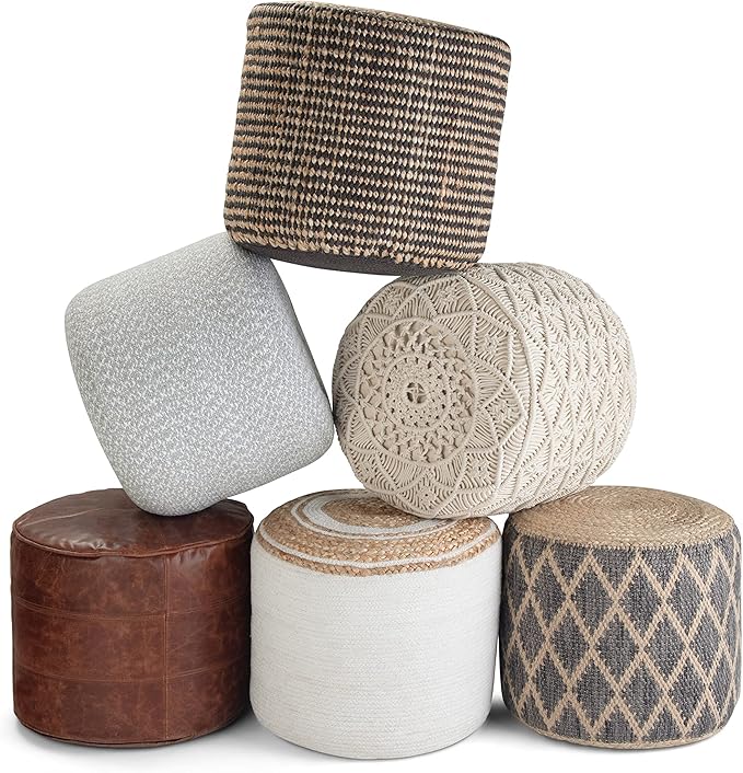 SIMPLIHOME Coates Round Pouf - 18 inch Wide Handwoven Cotton Macrame Ottoman in Natural, Boho Footstool, Decorative Pouf or Extra Seating for Living Room, Bedroom, or Kids Room, Assembled