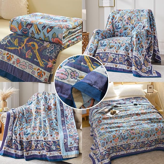 Boho Blanket Soft Muslin BohoThrow Blanket, 100% Cotton Floral Printed Farmhouse Decor All Season Reversible Rustic Throw for Sofa Couch Chair (Light Purple, 80"x90")