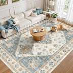 Washable Rugs 8x10, Ultra-Thin Non-Slip 8x10 Area Rugs for Living Room, Soft Vintage Large Area Rug, Foldable Farmhouse Bedroom, Dining Room Rug (Blue/Beige, 8'x10')