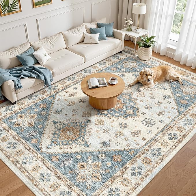 Washable Rugs 8x10, Ultra-Thin Non-Slip 8x10 Area Rugs for Living Room, Soft Vintage Large Area Rug, Foldable Farmhouse Bedroom, Dining Room Rug (Blue/Beige, 8'x10')