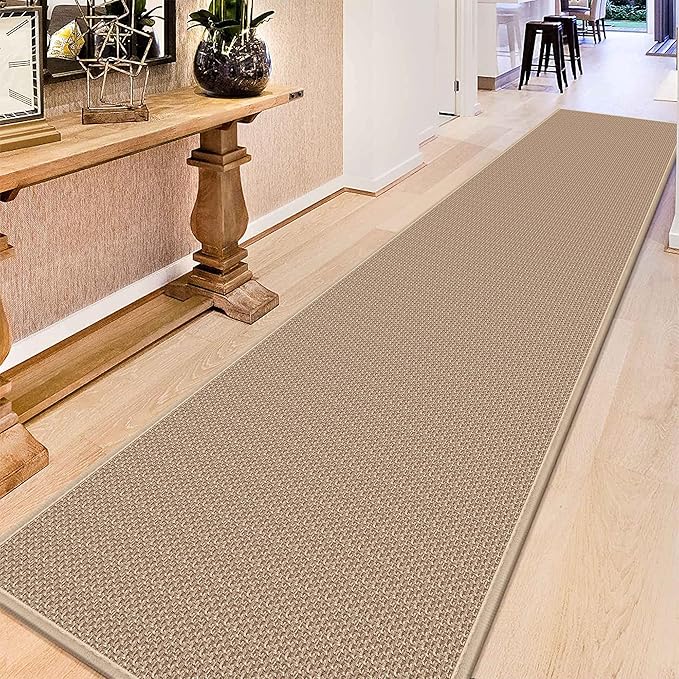 15ft Natural Jute Hallway Runner Rug Non Slip Washable, Rubber Backed Long Khaki Indoor Entryway Runner, Absorbent Kitchen Carpet Sink Rug