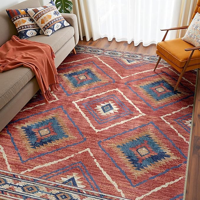 Area Rug 3x5 Rug Machine Washable Non-Slip Low Pile Print Pattern Western Rug for Living Room Bedroom Entryway Tribal Series -Red/Orange