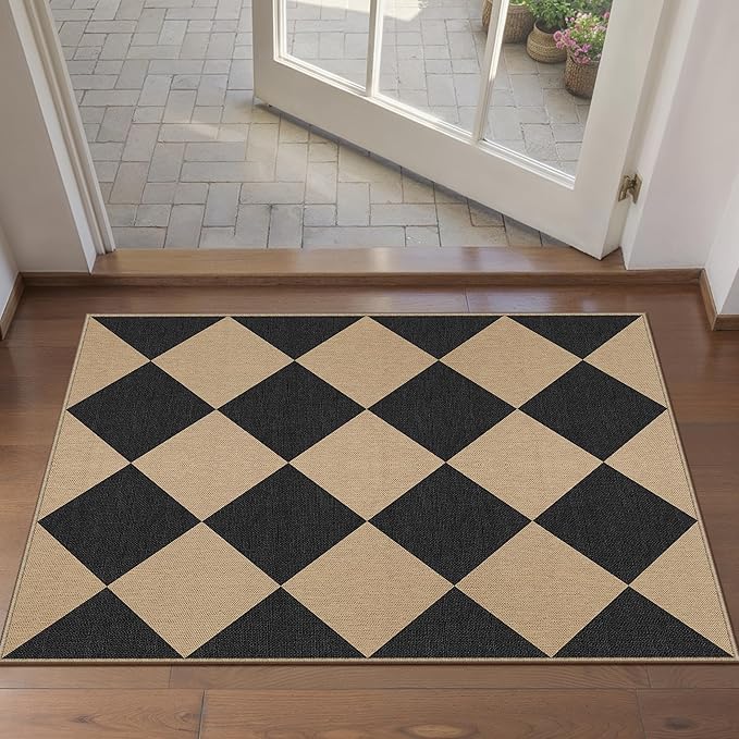 2x3 Checkered Easy Jute Kitchen Front Doormat Non Slip Washable Neutral Area Rug Diamond Non Shedding Low Pile Black Checkerboard Floor Carpet for Farmhouse Entryway Porch Doorway