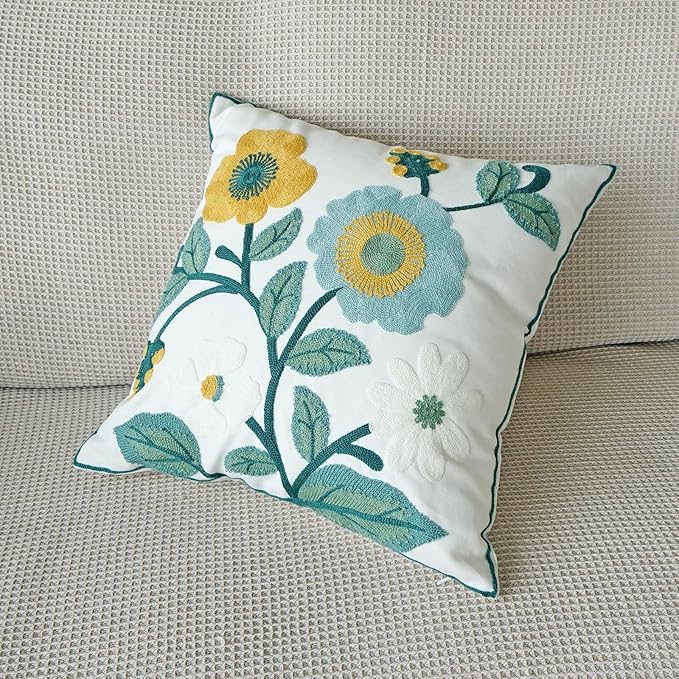 vctops Floral Embroidered Pillow Covers 18x18 Inch Spring Summer Cotton Tufted Throw Pillow Cover Outdoor Garden Cushion Case for Sofa, Bed, Living Room (Flower H,18"x18")