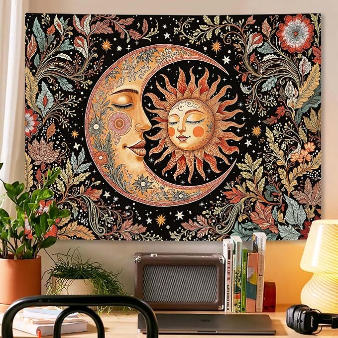Accnicc Vintage Sun and Moon Tapestry Boho Hippie Floral Wall Tapestry for Bedroom Aesthetic Brown Celestial Spiritual Botanical Plant Small Tapestries Wall Hanging for Living Room Dorm 48 x 36 Inch
