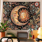 Accnicc Vintage Sun and Moon Tapestry Boho Hippie Floral Wall Tapestry for Bedroom Aesthetic Brown Celestial Spiritual Botanical Plant Small Tapestries Wall Hanging for Living Room Dorm 60 x 44 Inch