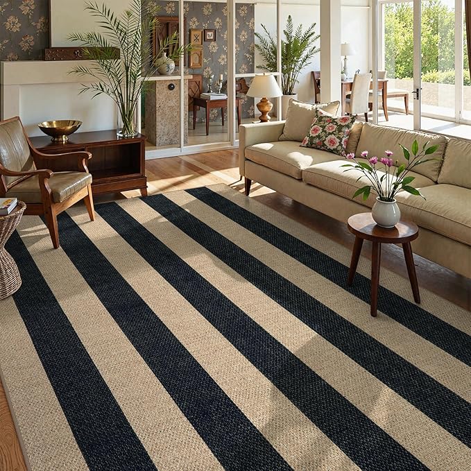 Lahome Elance Striped Easy Jute Outdoor Rug, Washable Rugs 8x10 for Living Room Patio Indoor Outdoor Black Carpet, Farmhouse Neutral Non Slip Non Shedding Floor Carpet for Office Sunroom Dining Room
