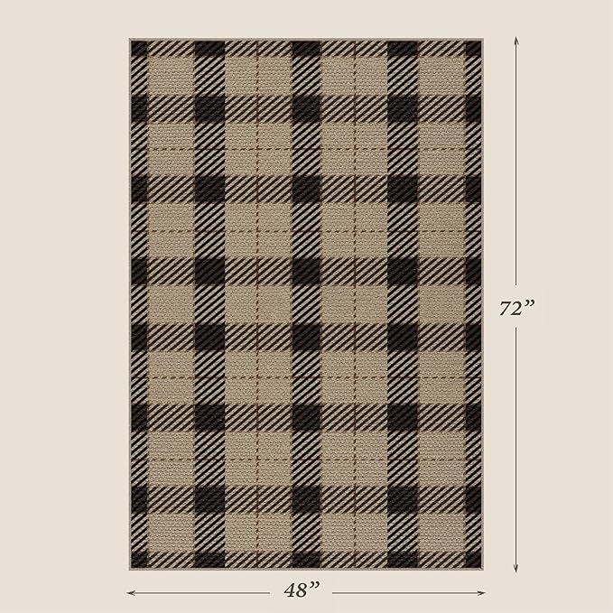 Easy Jute Neutral 4x6 Rugs for Large Entryway, Buffalo Plaid Outdoor Mat for Front Porch, Washable Rugs for Indoor Outdoor Area, Bedroom Bedside, Small Living Room, Non Slip Black and Brown Décor