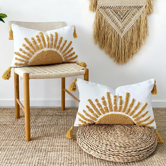 Boho Throw Pillow Covers 12x20 Inch Sun Tufted Lumbar Pillow Covers with Tassels, Bohemian Farmhouse Decorative Cushion Cover for Couch Sofa Bedroom Living Room Home Decor (Yellow-Thin)