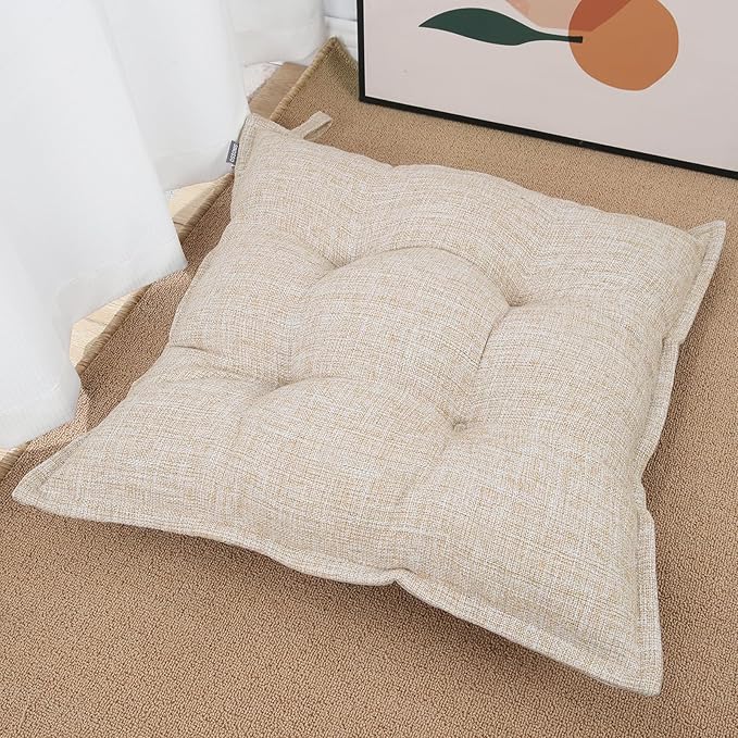 SINSOSSO Large Floor Pillow 22", Thickened Bite-Size Memory Foam Square Non-Slip Cushion for Office Back Support/Indoor Yoga/Chair Seat, Fashionable Color-Blocked Fabric & Washable, Beige, 1 PCS