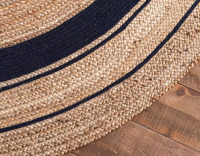 Unique Loom Braided Jute Collection Classic Quality Made Natural Hand Woven with Coastal Design Area Rug (8' 0 x 8' 0 Round, Natural/ Navy Blue)