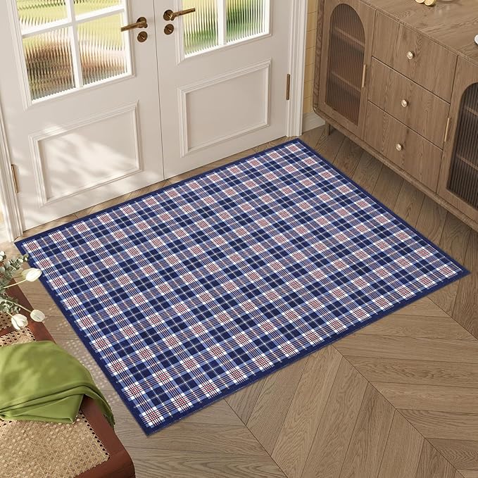 GarveeHome Checkered Rugs 2x3, Machine Washable Entryway Rug with Non Slip Backing, Stain Resistant Low-Pile Doormat for Indoor Outdoor Hallways Kitchen Bathroom Bedroom Blue