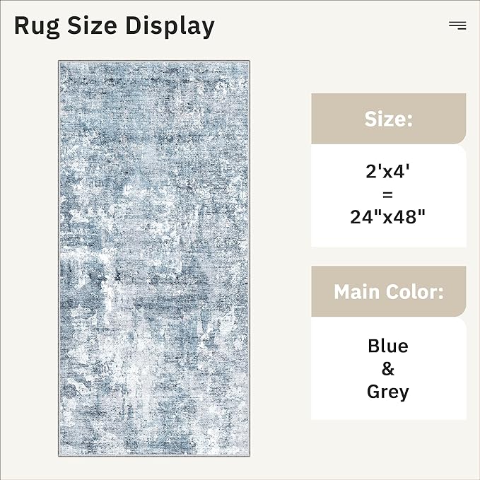 2x4 Washable Rugs for Kitchen, Floor, Entryway, Powder Room Small Area Rug Non-Slip Vintage Low Pile Throw Door Mat Blue/Grey