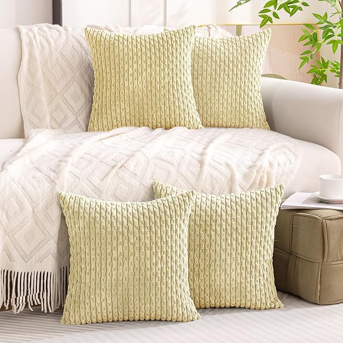 Set of 4 Pale Yellow Decorative Throw Pillow Covers 24x24 Inch Corduroy Pillow Covers for Bed Couch Sofa Living Room Soft Square Cushion Cases