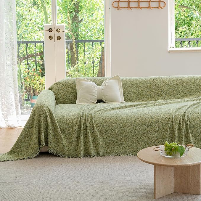 ROOMLIFE Green Sofa Cover, Vintage Boho Couch Cover for 3 Cushion Sofa, Soft Chenille Sofa Cover for Dog, Washable Furniture Sofa Protector Cover Blanket with Tassel for Living Room, 71 '' X 118''
