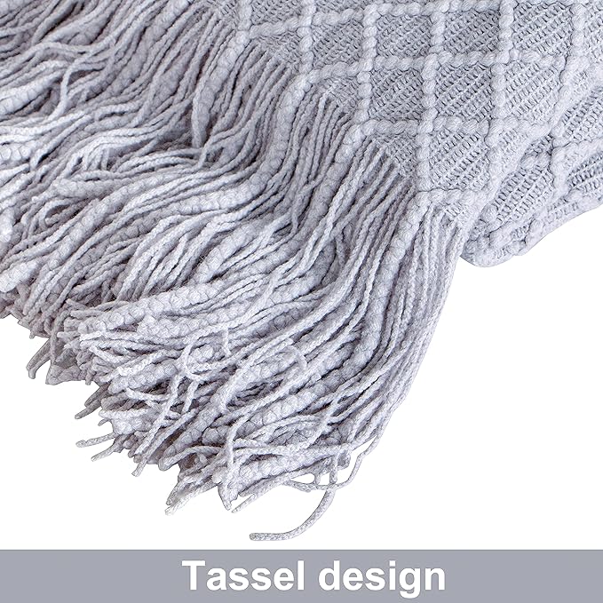 NTBAY Acrylic Knitted Throw Blanket, Lightweight and Soft Cozy Decorative Woven Blanket with Tassels for Travel, Couch, Bed, Sofa, 51x67 Inches, Light Grey Checkered