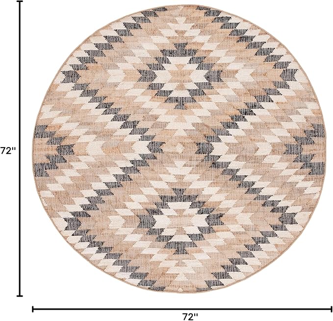 SAFAVIEH Natural Fiber Collection Area Rug - 6' Round, Natural & Black, Handmade Boho Southwestern Fringe Jute, Ideal for High Traffic Areas in Living Room, Bedroom (NFB401A)
