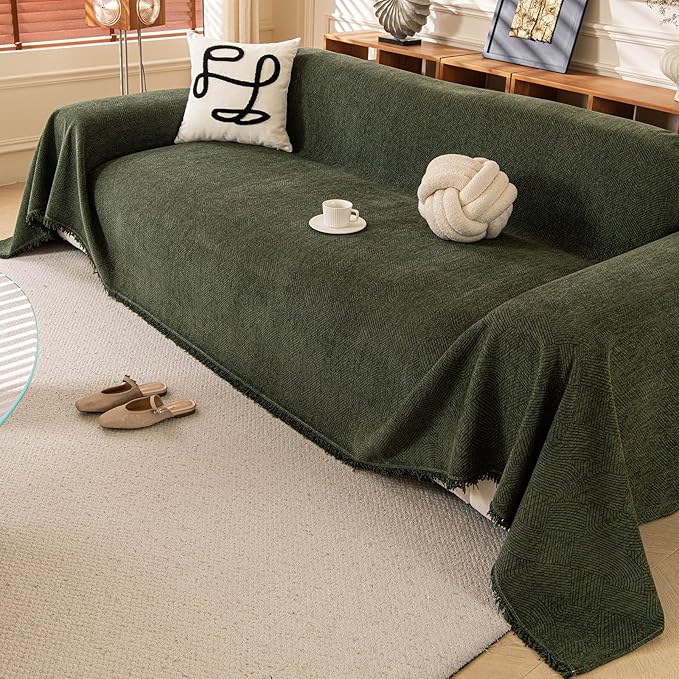 ROOMLIFE Green Waterproof Sofa Cover, Boho Couch Cover for 3 Cushion Sofa, Non Slip Chenille Sofa Slipcovers for Dog, Washable Furniture Sofa Protector Cover with Tassel for Living Room, 71''X150”