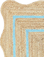 Wave Scalloped Natural Jute Rug - Boho Entryway Runner, Farmhouse Scallop, Sky Blue (2'x3')