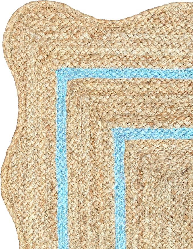 Wave Scalloped Natural Jute Rug - Boho Entryway Runner, Farmhouse Scallop, Sky Blue (2'x3')