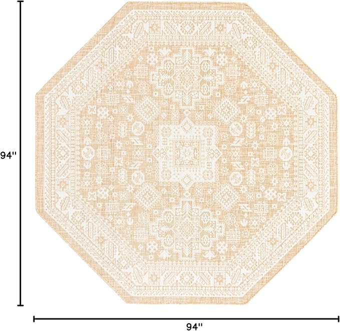 Rugs.com Outdoor Aztec Collection Rug – 8 Ft Octagon Natural Flatweave Rug Perfect for Living Rooms, Kitchens, Entryways