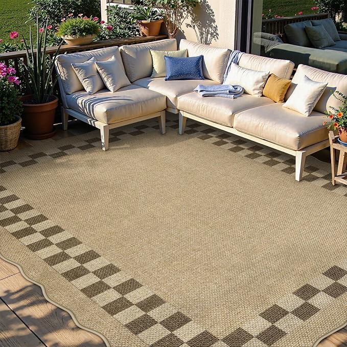 LIVEBOX Scalloped Easy Jute Checkered 8x10 Outdoor Rug, Washable Farmhouse Tan Rugs for Living Room Bedroom, Geometric Indoor Outdoor Non Slip Rug Dining Room Mat Carpet for Patio Backyard Home Decor