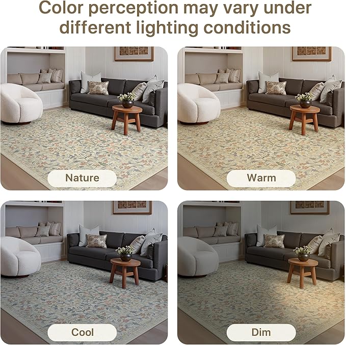 GENIMO 8x10 Washable Area Rug, Non-Slip Vintage Boho Floral Carpet, Soft Low-Pile Thin Living Room Rug for Bedroom, Dining Room, Nursery, Beige Blue