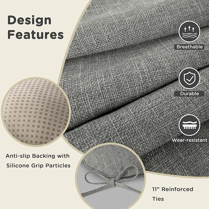 AddGrace Chair Cushions for Dining Chairs Set of 2 Kitchen Seat Cushions with Ties and Non Slip Backing Tufted Indoor Seat Pad for Kitchen Dining Room 18" x 17" x 3" Light Grey