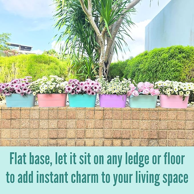 LaLaGreen Outdoor Hanging Planter (11.2 Inch, 6 Pack) Light Pink, Light Purple, Turquoise, Light Blue, Peachy Pink, Cadet Blue Metal Iron Window Flower Pot Deck Railing Balcony Fence Rail Garden Decor