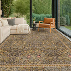 Washable 9x12 Living Room Rug - Gold Brown Floral Area Rug for Dining Room Under Table, Low Pile Non-Slip Floor Carpet for Bedroom Under Bed - Vintage Taupe Design & Stain Resistance