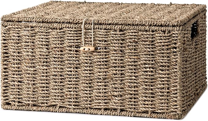 StorageWorks Seagrass Wicker Baskets for Organizing, Large Wicker Basket with Lid, Decorative Basket with Built-in Handles, Storage Baskets for Shelves, 1 Pack
