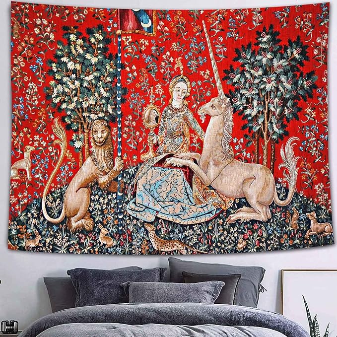 FEASRT Medieval Princess Tapestry - European Royal Tapestry The Maiden and The Unicorn - 80x60 inch for Bedroom, Living Room, Dorm Decoration