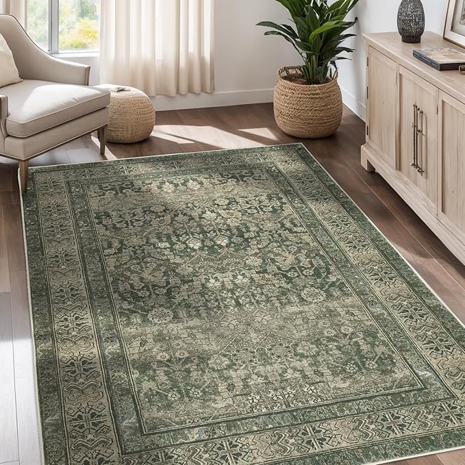 Vintage Washable Area Rug for Living Room,Low Pile 8x10 Non Slip Carpet Non-Shedding Area Rug Soft Indoor Stain Resistant Rug Floral Print Mat for Bedroom Dining Room Green