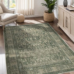 Vintage Washable Area Rug for Living Room,Low Pile 5x7 Non Slip Carpet Non-Shedding Area Rug Soft Indoor Stain Resistant Rug Floral Print Mat for Bedroom Dining Room Green