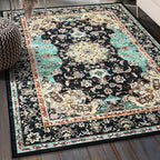 Amearea Vintage Design Black Area Rugs for Living Room, 6x9 Machine Washable Floral Collection Traditional Bedroom Rug, Low Pile Kids Room Carpet, No Slip Office Kitchen Home Decor, Black and Green