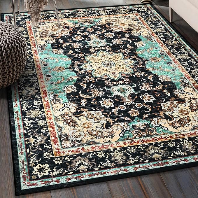 Amearea Vintage Design Black Area Rugs for Living Room, 4x6 Machine Washable Floral Collection Traditional Bedroom Rug, Low Pile Kids Room Carpet, No Slip Office Kitchen Home Decor, Black and Green