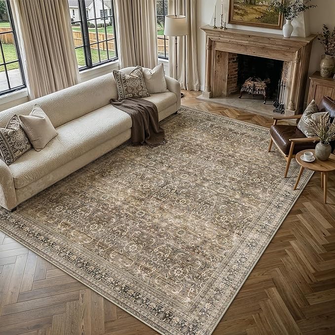 HUGEAR Area Rug 9x12 Vintage Brown Machine Washable Living Room Rugs Distressed Retro Floral Mid Pile Carpet Soft Thicker Carpet Bedroom Office Dining Room Laundry Room Non Slip Soft