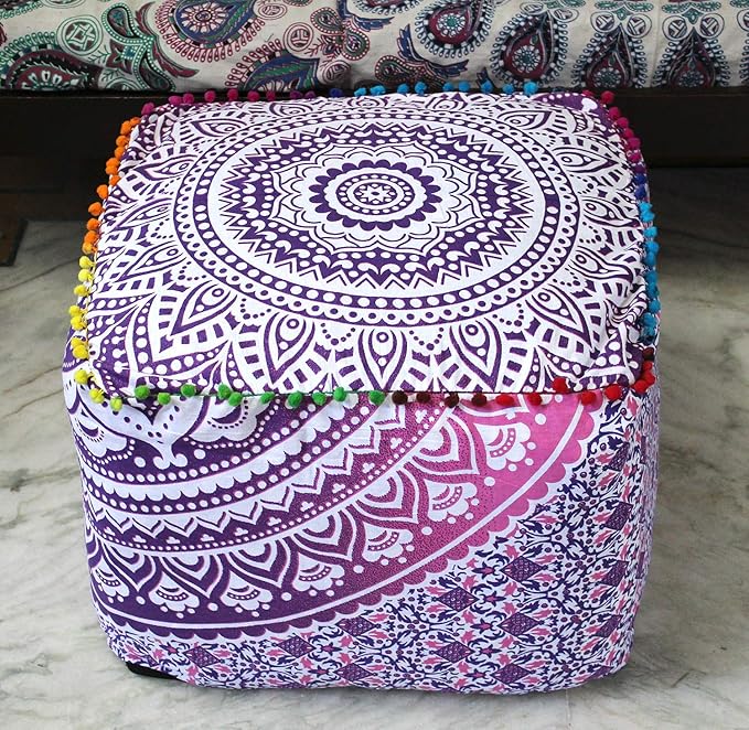 CRAFT KALA Large Hippie Mandala Meditation Floor Ottoman Pillow Cushion Pouf Cover Square Poufs Cover Bohemian Circle Floor Cushion Cover Outdoor Fireplace Living Room Decor 16X16X14 inches,Pink Ombre
