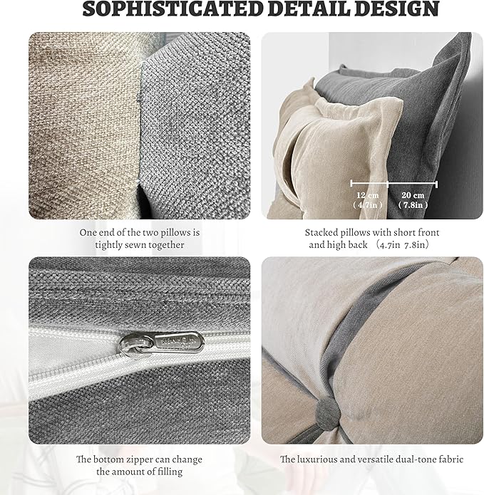 Johnear Headboard Backrest Set of 2 Pack Chenille Throw Pillows for Daybed Couch Support Reading Pillows for Sitting in Bed Adult, Boho Decorative Large Bolster Pillow for King Size Bed Wedge Pillow