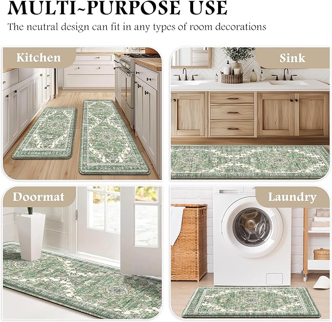 Boho Kitchen Mats for Floor 2 Piece Set Anti Fatigue Cushioned PVC Kitchen Rugs Non Slip Waterproof Farmhouse Mats 2/5 Inch Comfort Standing Mat for Sink, Laundry, 17.3"x47"+17.3"x28", Spring Green