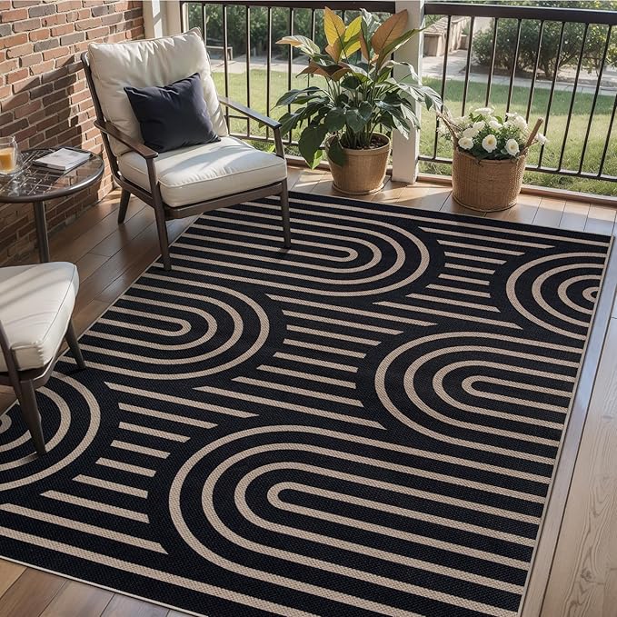 Tangsoo Modern Easy Jute 3x5 Rug for Living Room,Washable Indoor Outdoor Rugs Farmhouse Non-Slip Thin Indoor Door Mat,Black Rainbow Throw Carpet Front Porch Bedroom Patio Entryway Balcony Decor