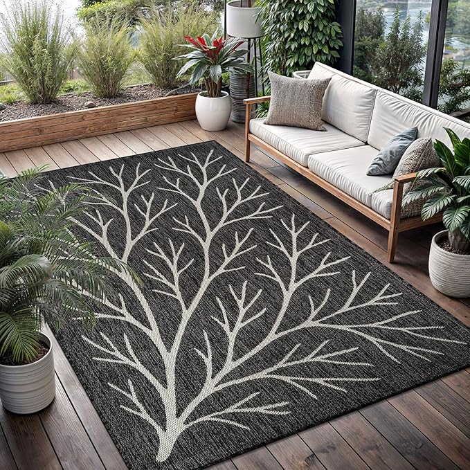 Washable Indoor Outdoor Rug 8x10 Modern Area Rugs Branch Pattern Non Shedding Waterproof Easy Clean Patio Deck Porch Living Room Bedroom Garden RV (8 X 10 Dark Gray)