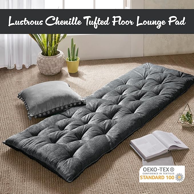 Intelligent Design Floor Pillow Lounger Luxurious Chenille Tufted, Piping Border, 3" Floor Lounger for Naps, Yoga, Games, Roll-Up & Travel-Friendly Sleeve Handle, Edelia, 27"W x 74"L x 3"H Charcoal
