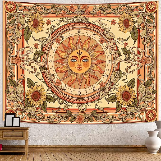 Accnicc Yellow Sun Tapestry Boho Floral Sunflower Plant Wall Tapestry for Bedroom Aesthetic Vintage Flower Celestial Small Tapestries Wall Hanging for Dorm Living Room Decor 60 x 44 Inch