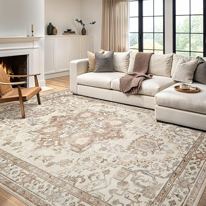 Washable Rug 12x15 Area Rugs: Boho Vintage Distressed Oriental Medallion Neutral Thin Large Rug Carpet for Living Room Bedroom Dining Room Home Office Decor - Beige