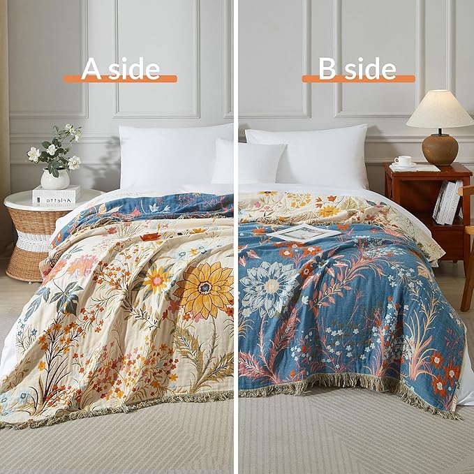 Boho Throw Blanket for Bed 60”x80”, 100% Cotton Woven Blanket for Couch Sofa, Ultra Soft 4-Layer Muslin Quilt with Floral Printed, Farmhouse Bed Blanket/Cover for Living Room Decor